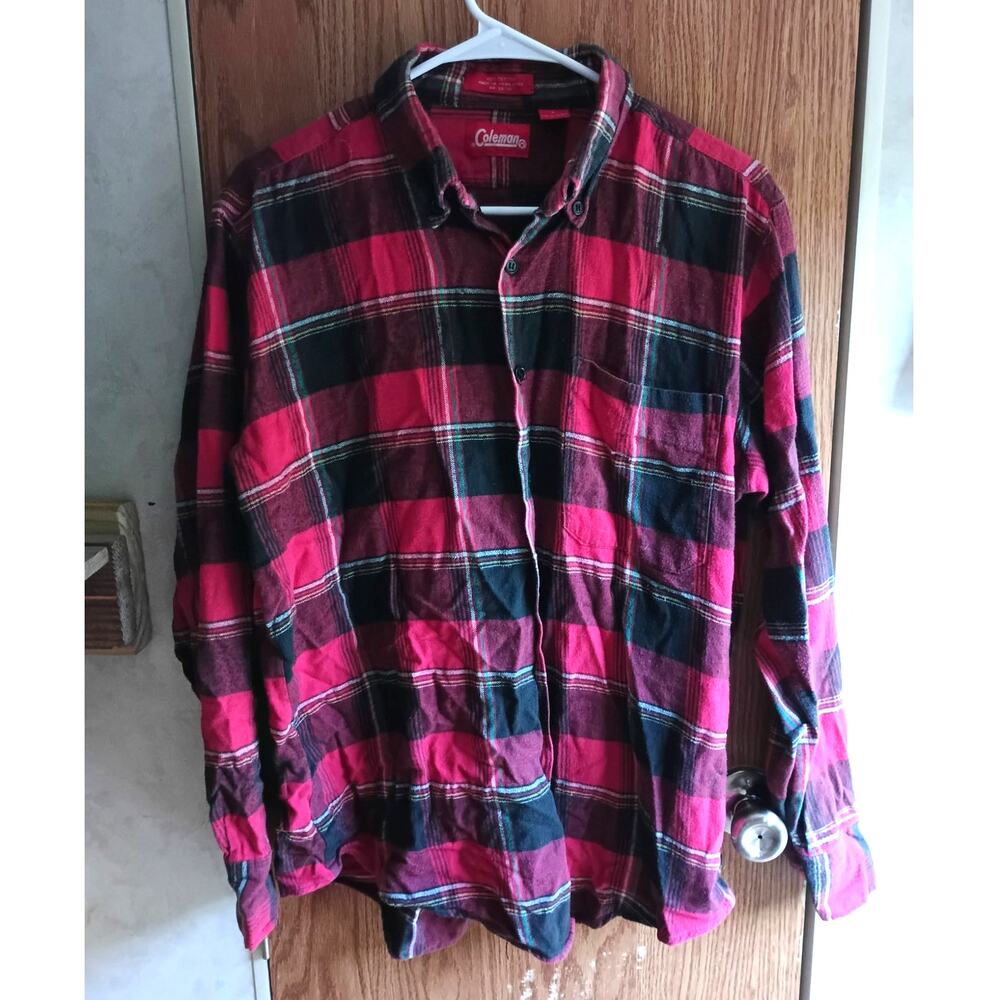 Vintage Coleman Red Black Plaid Flannel Shirt L Cotton Hong Kong Cabin Outdoors
